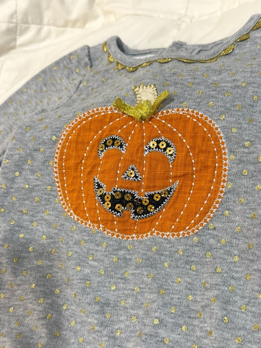 Mud Pie Gray Romper with Gold Dot and Pumpkin Applique